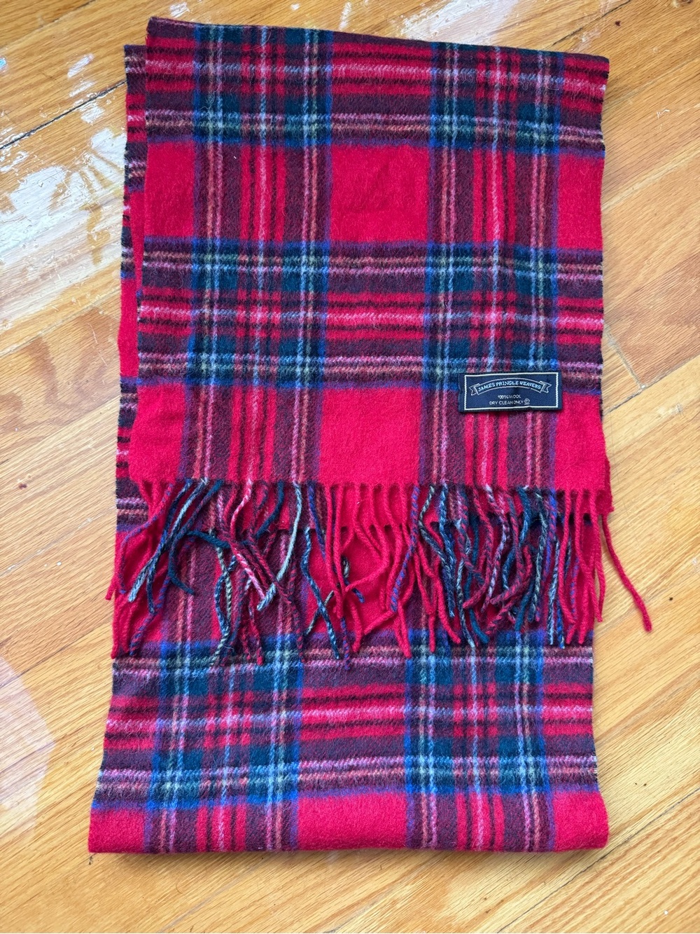 Vintage Wool James Pringle Weavers Scottish Tartan Red Plaid Fringe Scarf